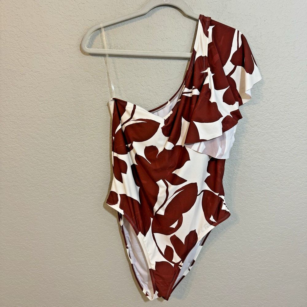 Mynah One Shoulder Draped Women‎ Sz XL Asymmetric One Piece Swimsuit Floral Brow